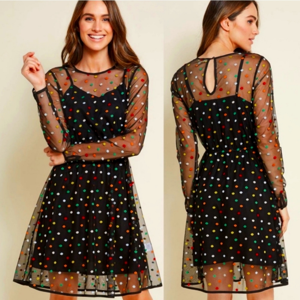 Modcloth black slip dress sheer polka dot overlay medium